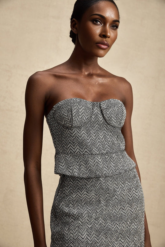 Chantal Grey Herringbone Corset Crop Top with Metal Studs