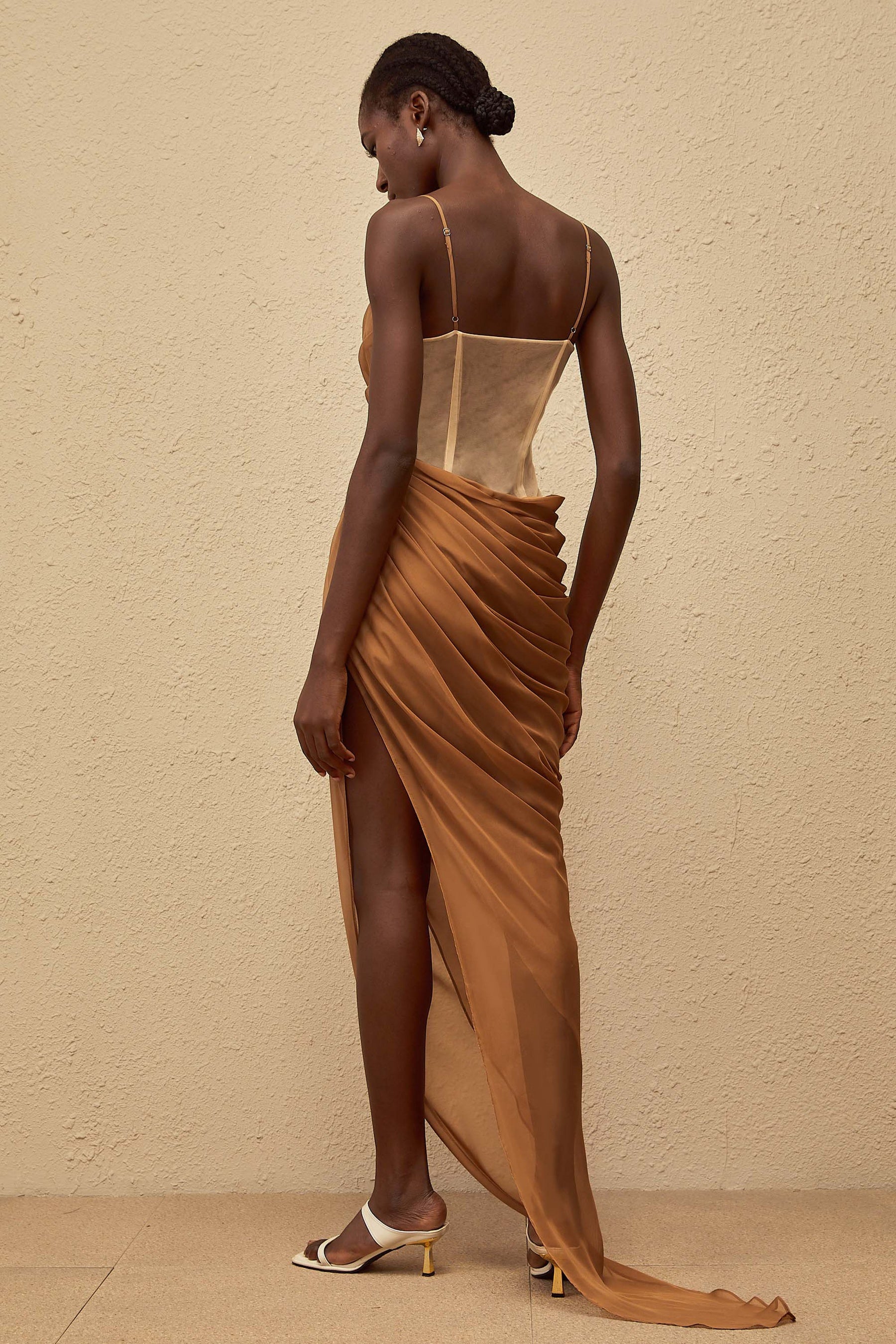 Charisa Khaki Draped Chiffon Maxi Dress