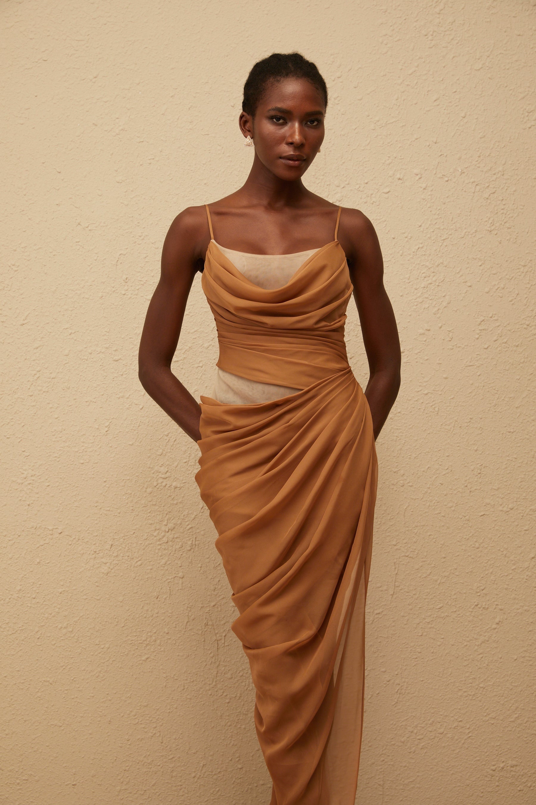 Charisa Khaki Draped Chiffon Maxi Dress