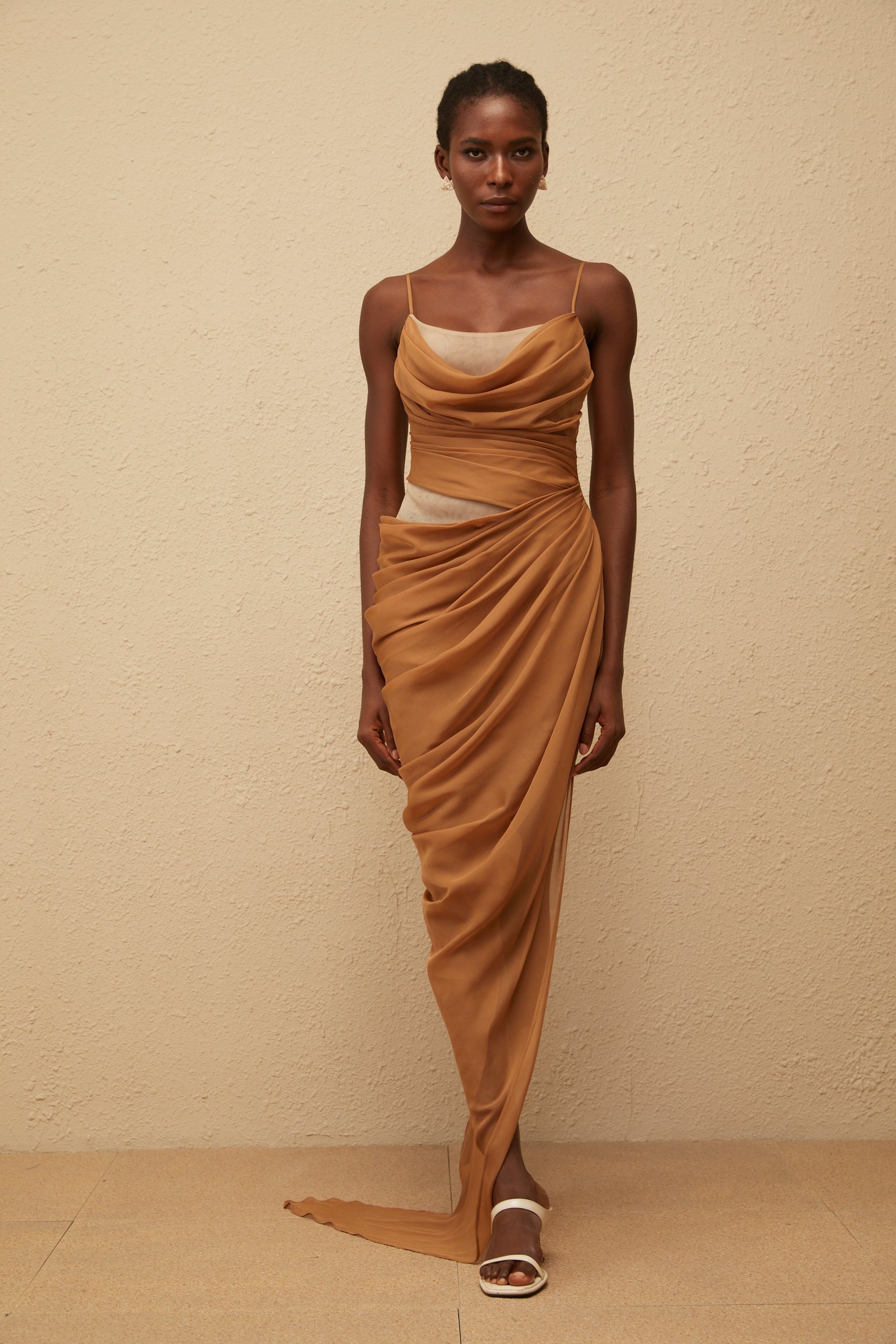 Charisa Khaki Draped Chiffon Maxi Dress