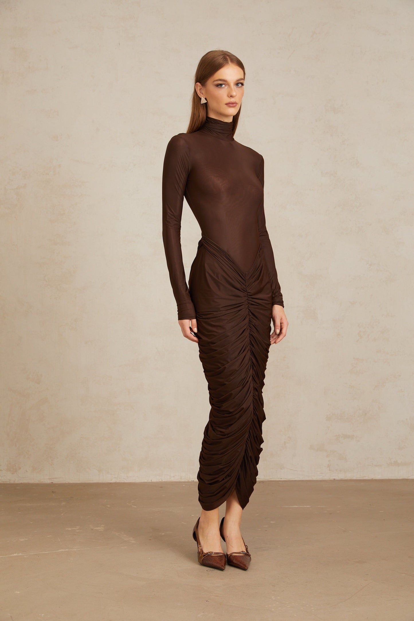Charitina Brown Fitted Ruched Midi Dress