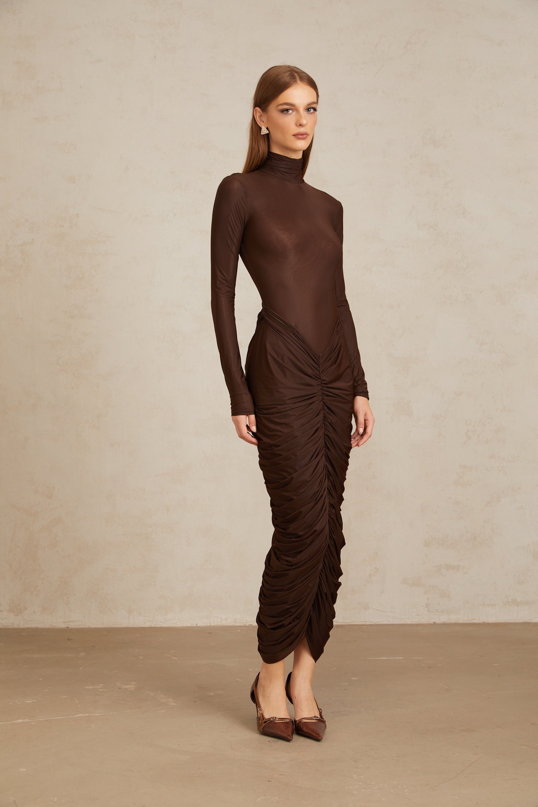 Charitina Brown Fitted Ruched Midi Dress