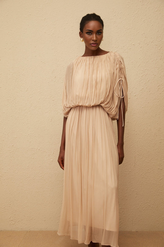 Charitina Neutral Fully Pleated Blouse  Skirt Set