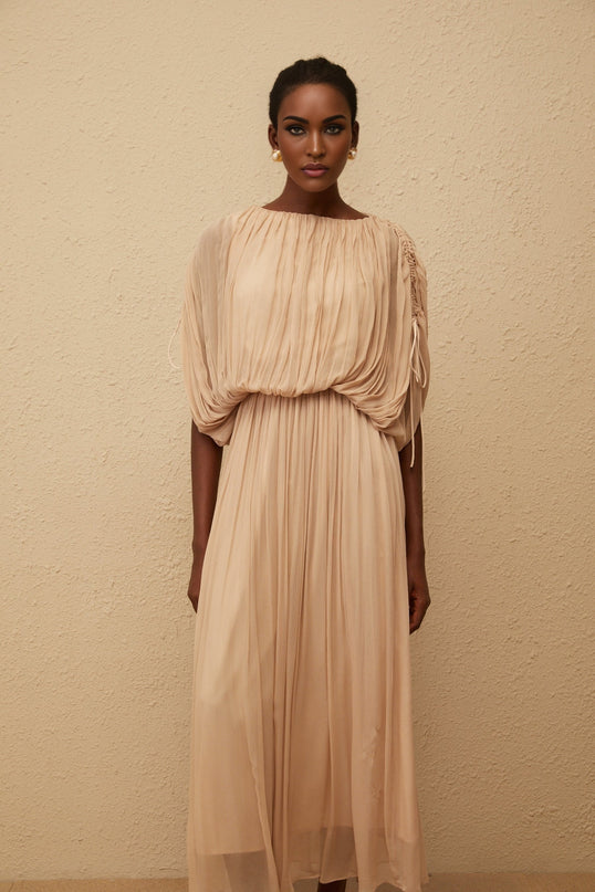 Charitina Neutral Fully Pleated Blouse  Skirt Set