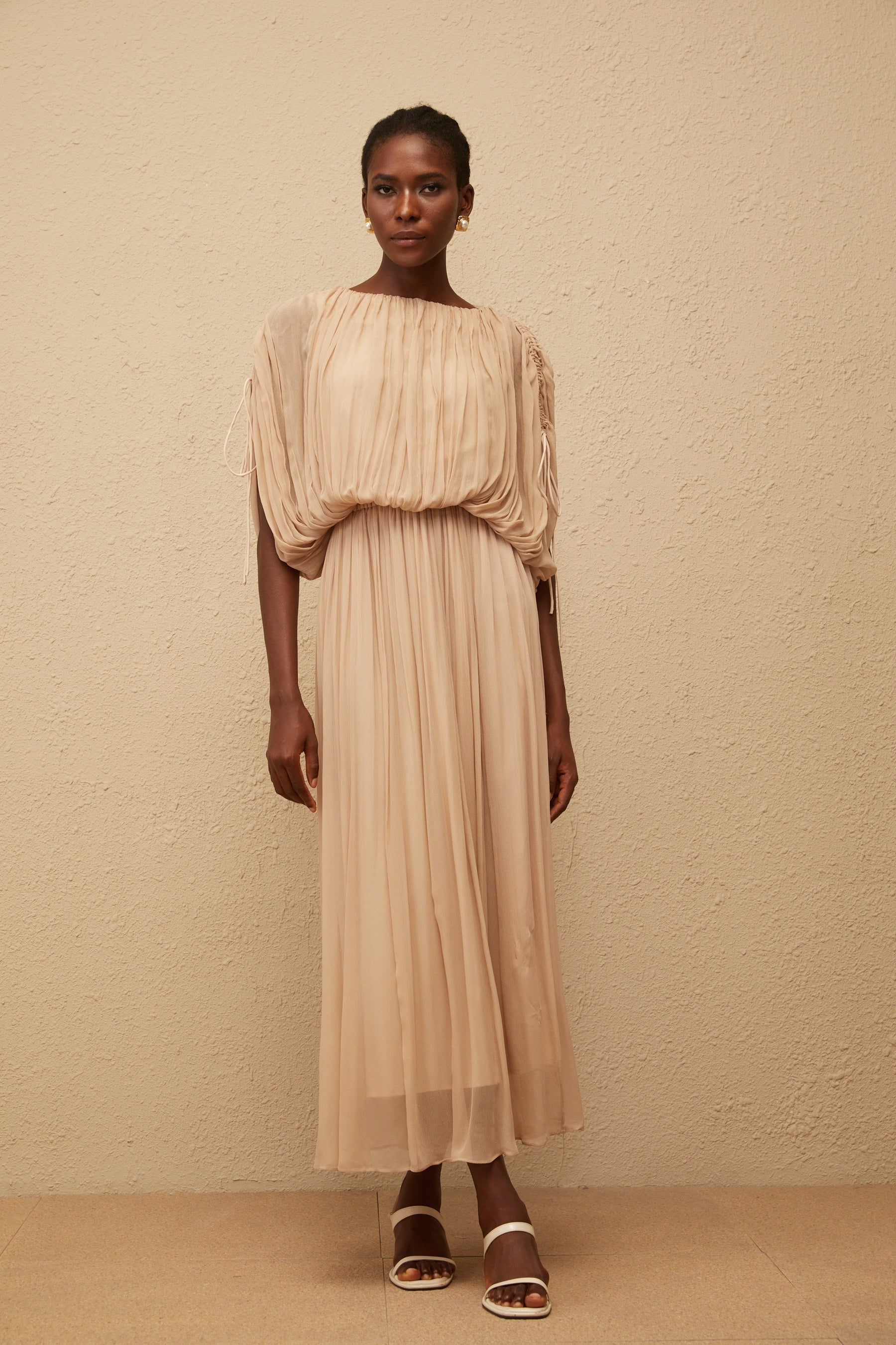 Charitina Neutral Fully Pleated Blouse  Skirt Set