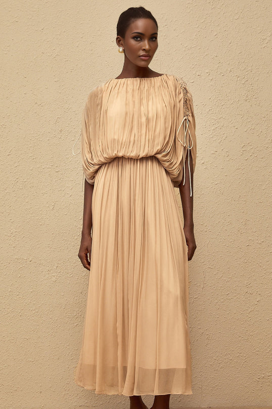 Charitina Neutral Fully Pleated Blouse  Skirt Set