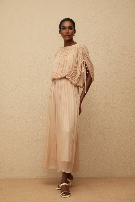 Charitina Neutral Fully Pleated Blouse  Skirt Set