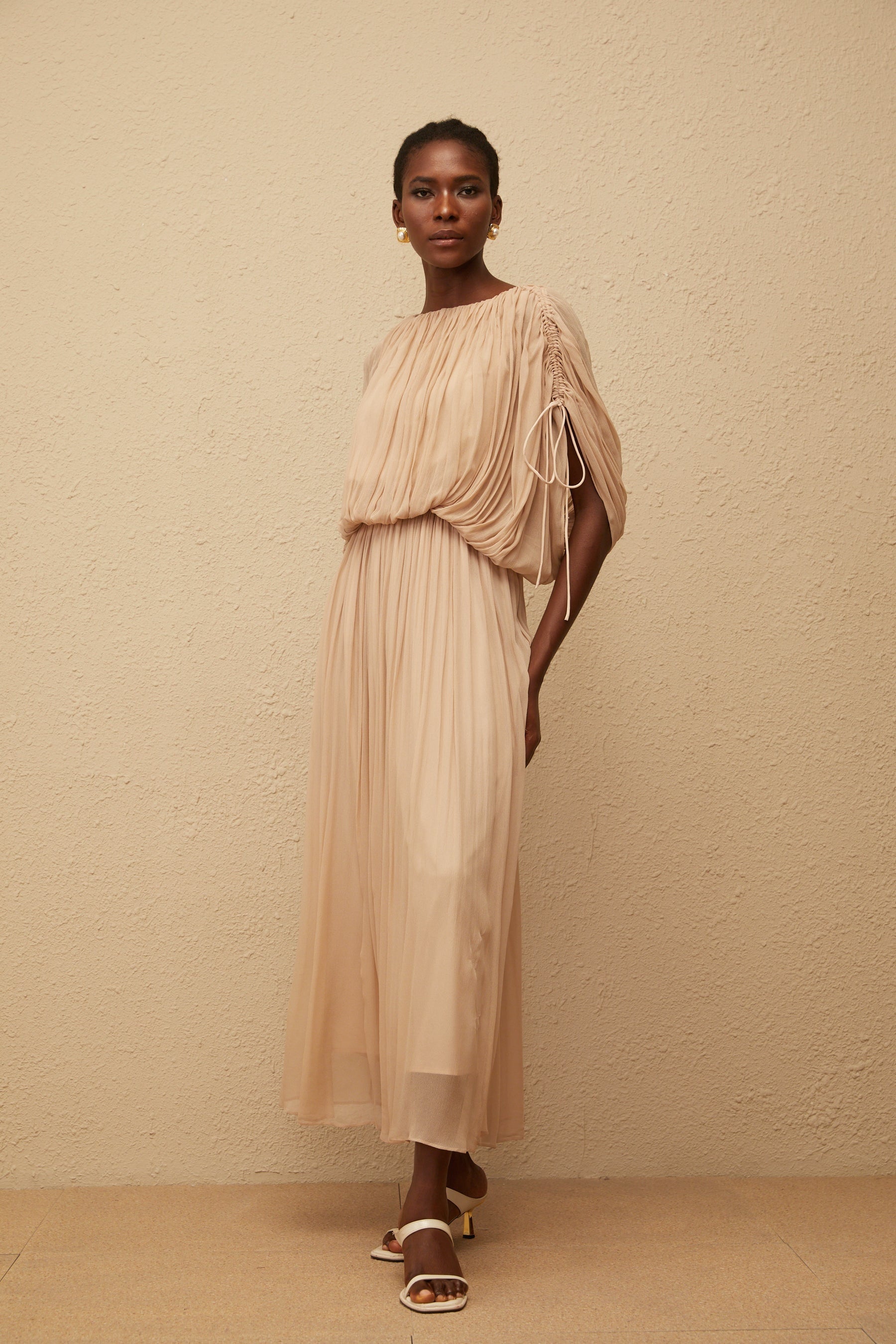 Charitina Neutral Fully Pleated Blouse  Skirt Set