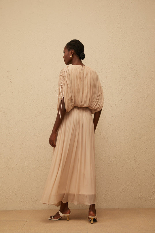 Charitina Neutral Fully Pleated Blouse  Skirt Set