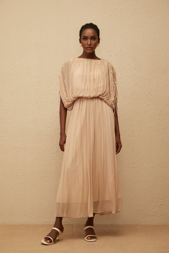 Charitina Neutral Fully Pleated Blouse  Skirt Set