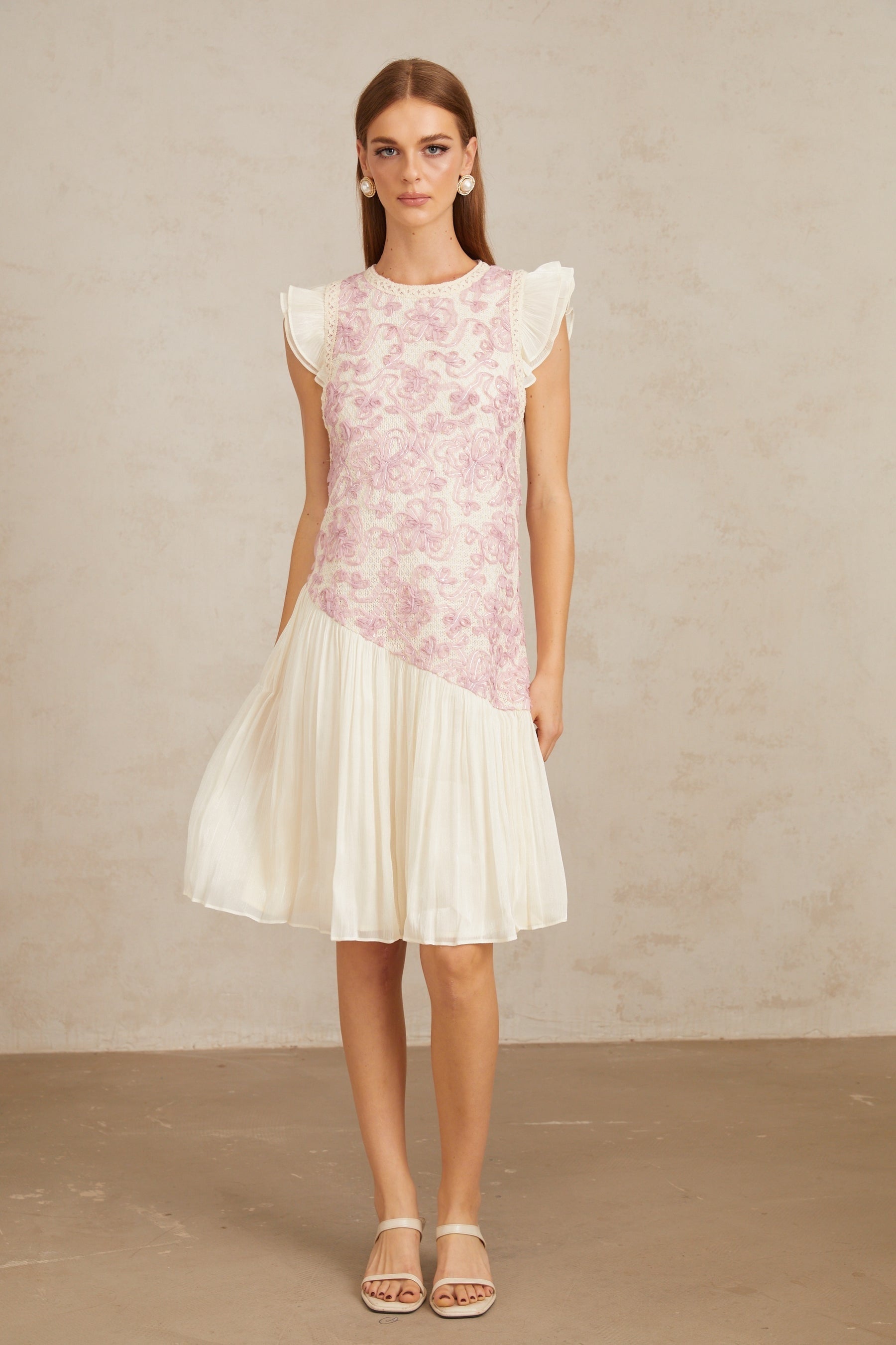 Charitina Pink Panel Floral Crochet Midi Dress