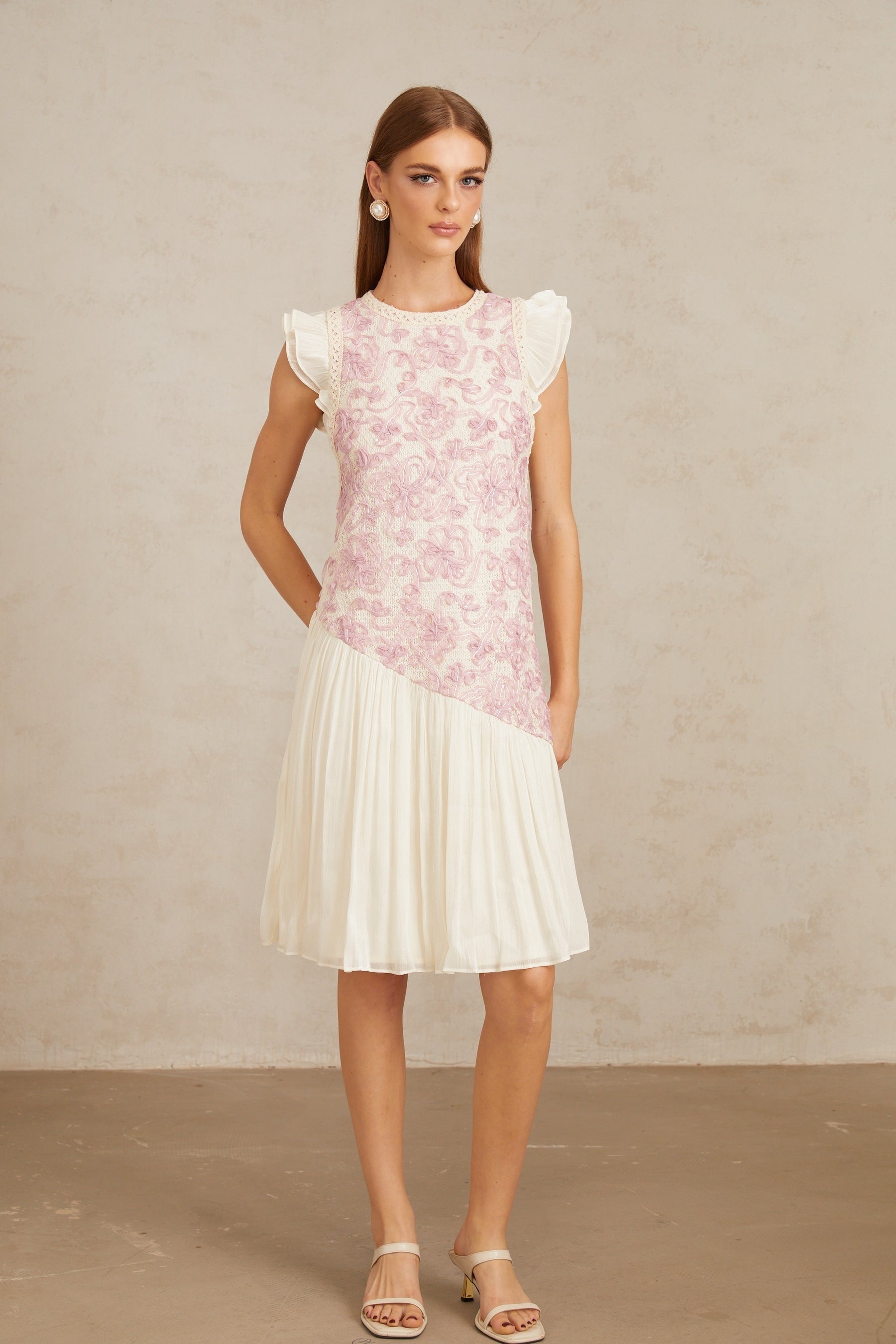 Charitina Pink Panel Floral Crochet Midi Dress
