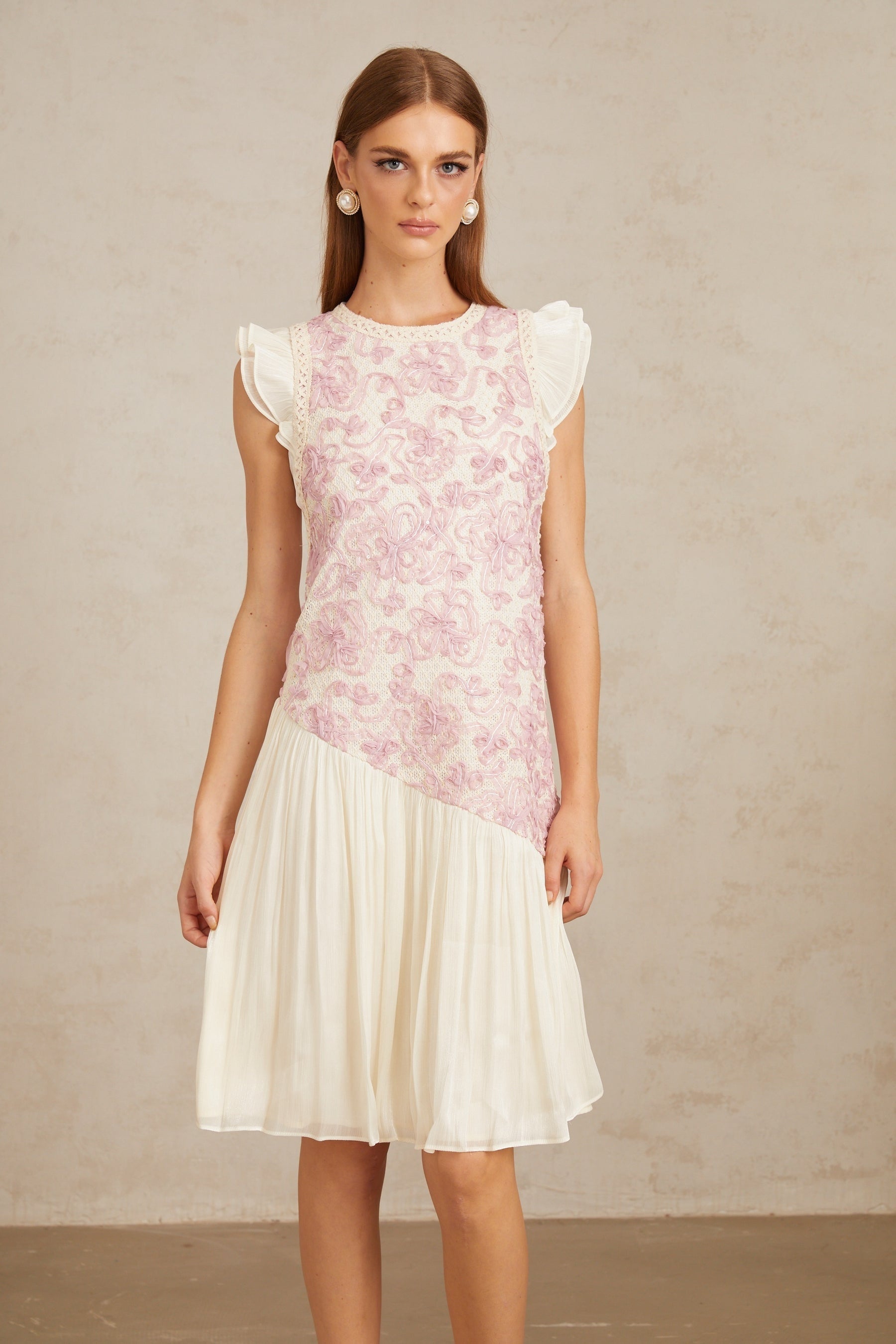 Charitina Pink Panel Floral Crochet Midi Dress