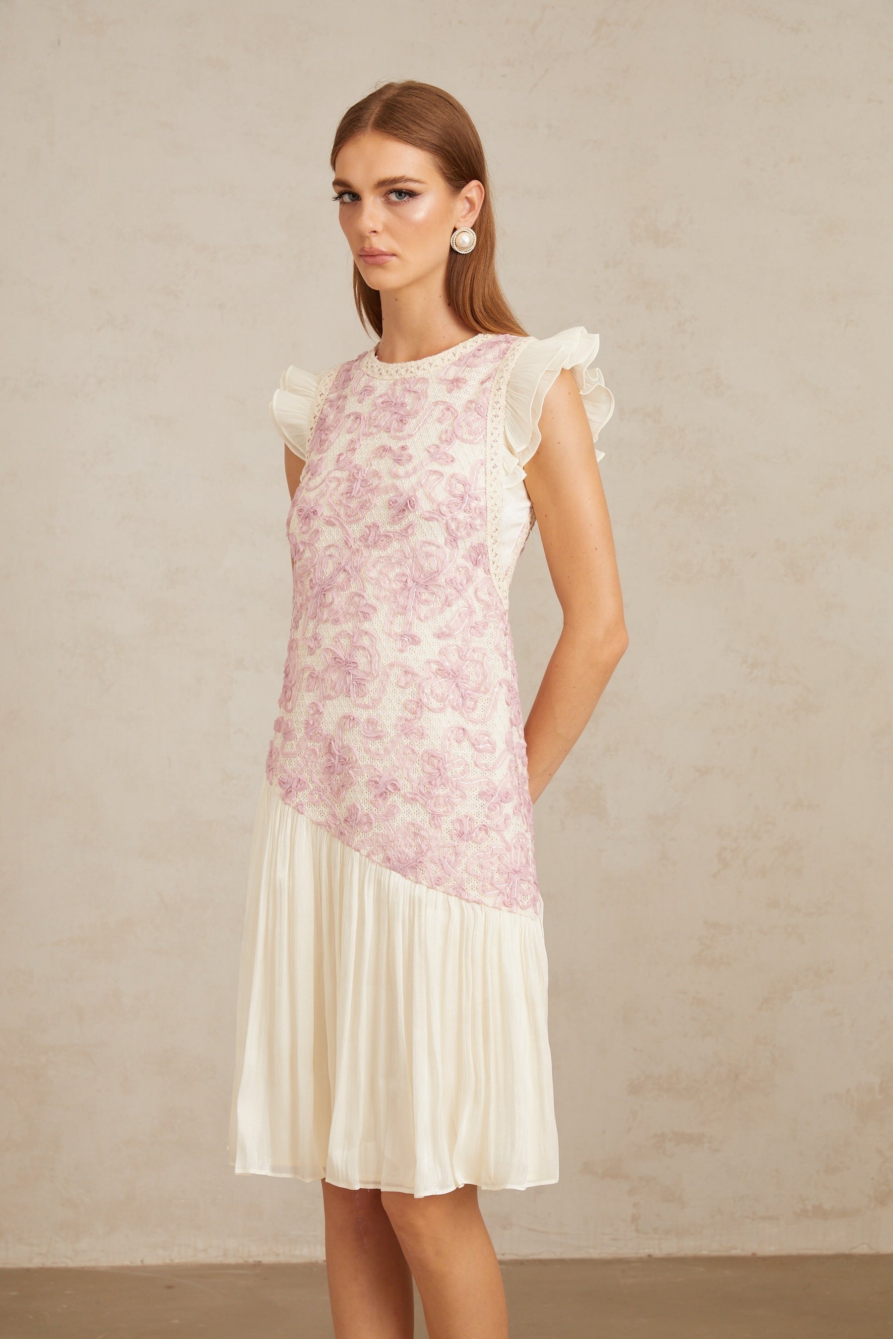 Charitina Pink Panel Floral Crochet Midi Dress