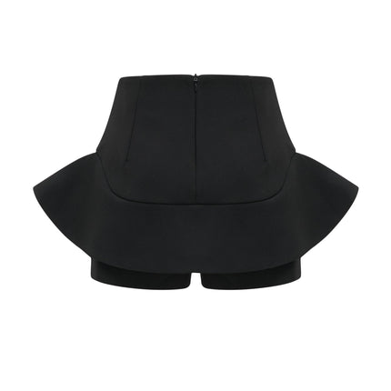 Charlee Black Culotte Shorts High Waisted Flounce Hem Layered Design Zip Fastening Polyester Spandex