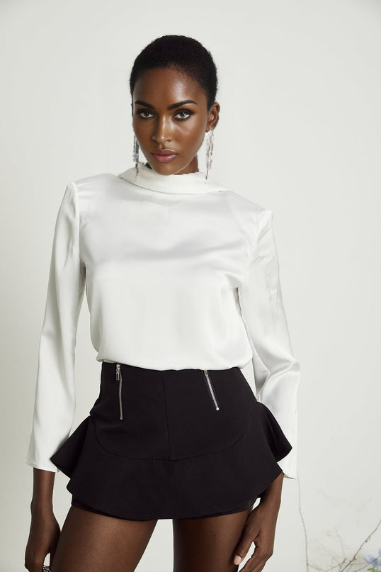 Charlee Black High Waisted Culotte Shorts Flounce Hem Layered Design Zip Fastening Polyester Spandex