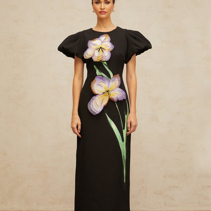 Charlee Black Multicolor Sequined Floral Embroidered Midi Dress with Puff Sleeves