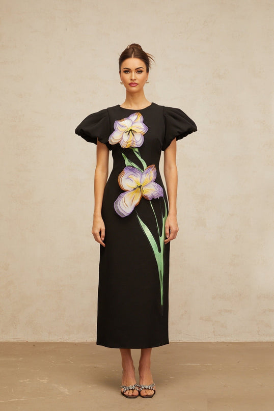 Charlee Black Multicolor Sequined Floral Embroidered Midi Dress with Puff Sleeves