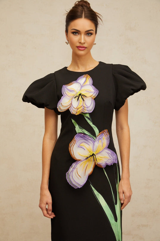 Charlee Black Multicolor Sequined Floral Embroidery Puff Sleeves Midi Dress