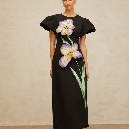 Charlee Black Sequin Floral Embroidered Midi Dress