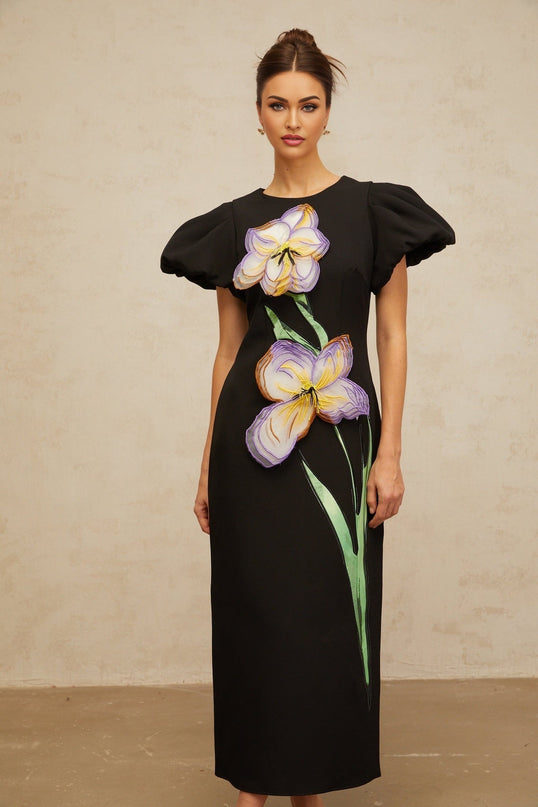 Charlee Black Sequined Floral Embroidered Midi Dress