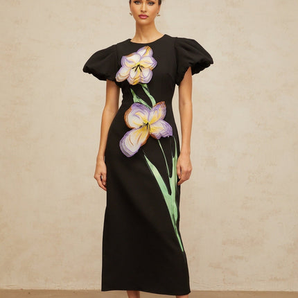 Charlee Black Sequined Floral Embroidered Midi Dress with Puff Sleeves