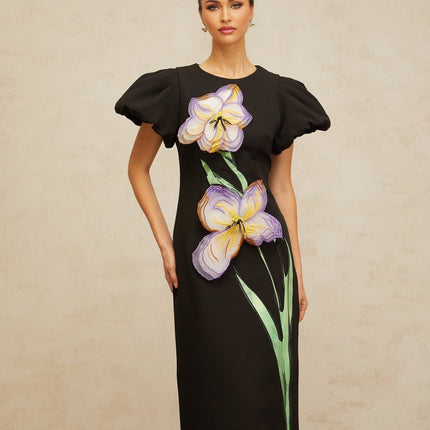 Charlee Black Sequined Floral Embroidered Midi Dress