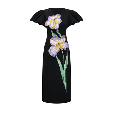 Charlee Black Sequined Floral Embroidery Puff Sleeve Midi Dress