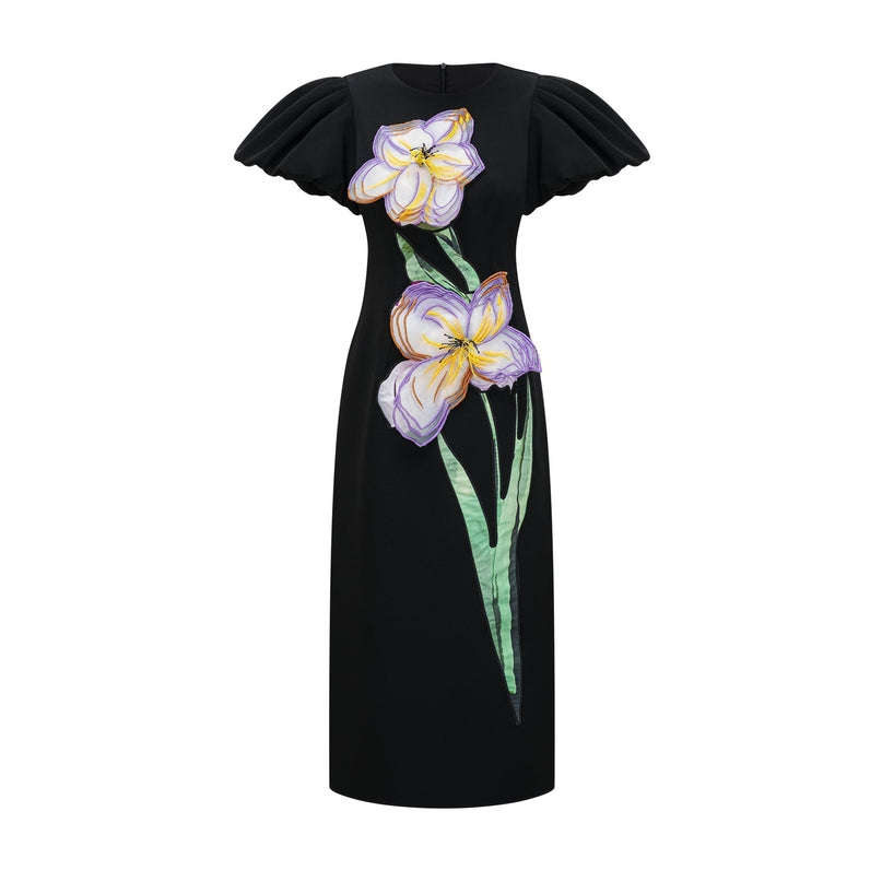 Charlee Black Sequined Floral Embroidery Puff Sleeve Midi Dress