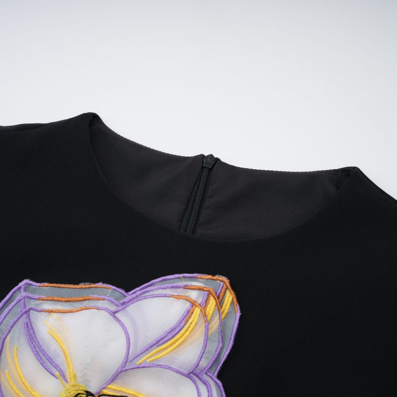 Charlee Black Sequined Floral Embroidery Puff Sleeves Midi Dress