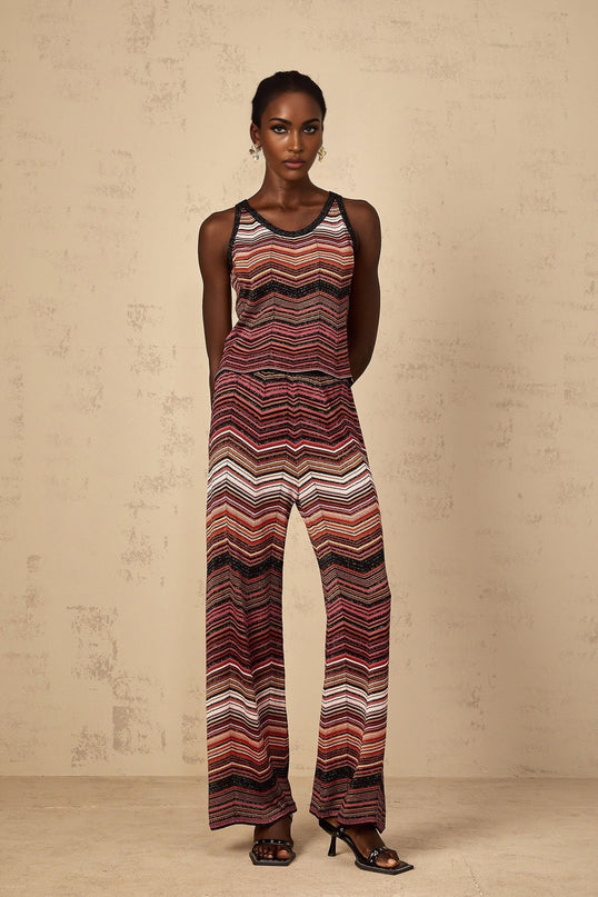 Charlee Red Chevron Pattern Top Trousers Set Multicolor Knit Stretch Jersey