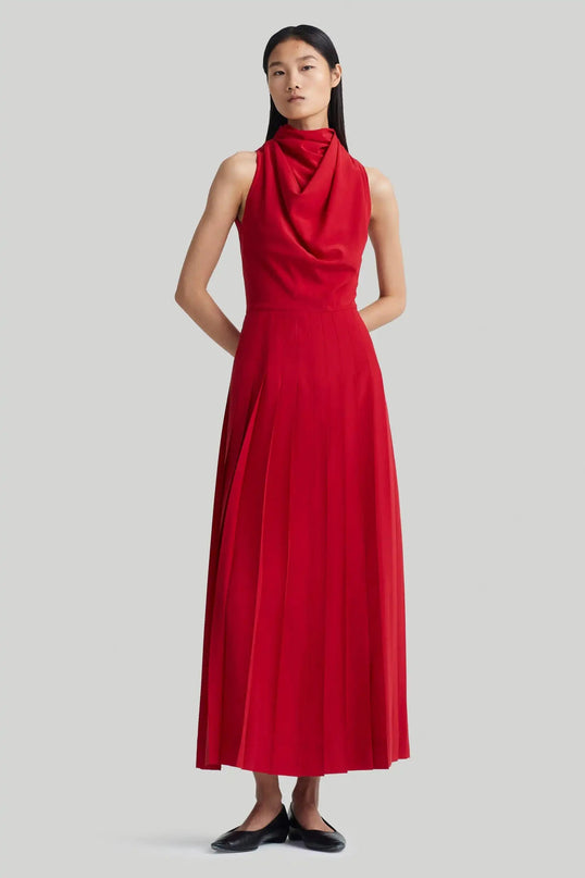 Charlee Red Dress Italian Made Polyester Acetate O-Neckline Sleeveless Mid-Calf Length Sheath Silhouette Pullover Closure