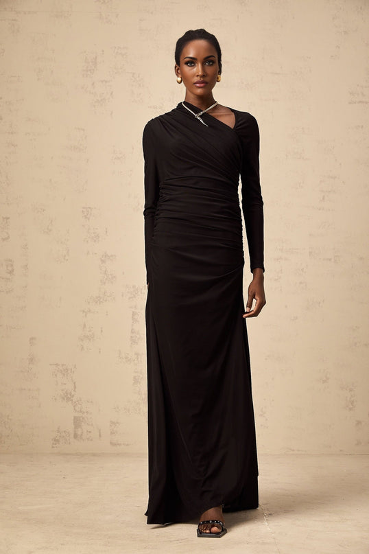 Charleigh Black Tulle Maxi Dress with Ruched Detailing and Side Slit