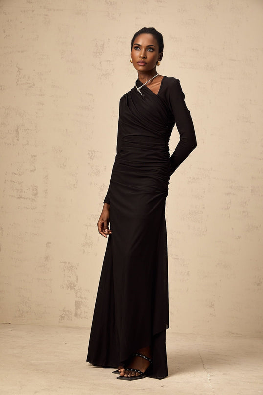 Charleigh Black Tulle Maxi Dress with Long Sleeves and Ruched Detailing