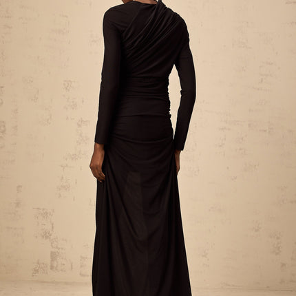 Charleigh Black Tulle Maxi Dress with Ruched Detailing and Side Slit