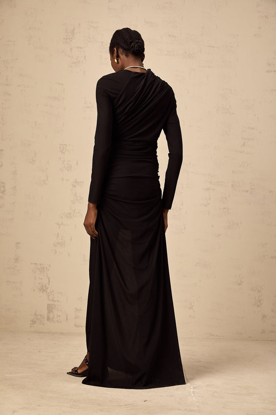 Charleigh Black Tulle Maxi Dress with Ruched Detailing and Side Slit