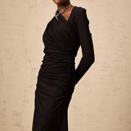 Charleigh Black Tulle Maxi Dress with Ruched Detailing and Side Slit