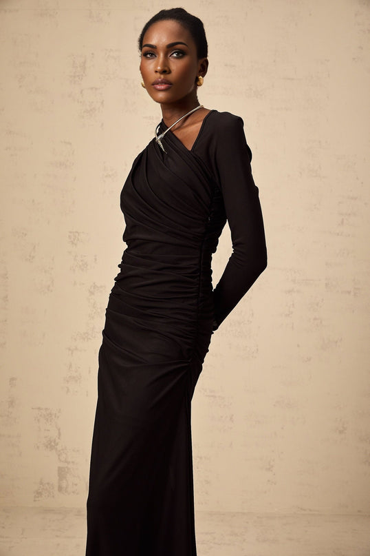 Charleigh Black Tulle Maxi Dress with Ruched Detailing and Side Slit