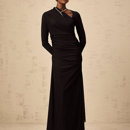 Charleigh Black Tulle Maxi Dress with Ruched Detailing and Side Slit