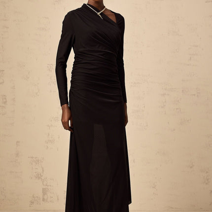 Charleigh Black Tulle Maxi Dress with Ruched Detailing and Side Slit