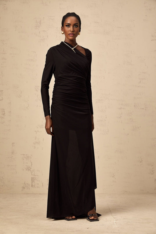 Charleigh Black Tulle Maxi Dress with Ruched Detailing and Side Slit