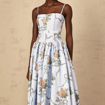Charleigh Blue Floral Print Midi Dress with Square Neck and Adjustable Straps