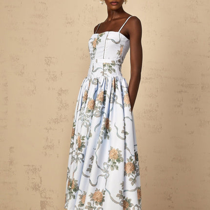 Charleigh Blue Floral Print Midi Dress Square Neck Sleeveless Adjustable Straps Cinched Waist Shirred Effect Side Slit Pockets Calf-Length Hem Rear Zip Fastening Terylene Fiber