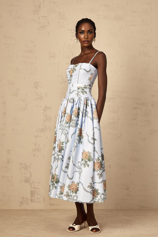 Charleigh Blue Floral Print Midi Dress Square Neck Sleeveless Adjustable Straps Cinched Waist Shirred Effect Side Slit Pockets Calf-Length Hem Rear Zip Fastening Terylene Fiber