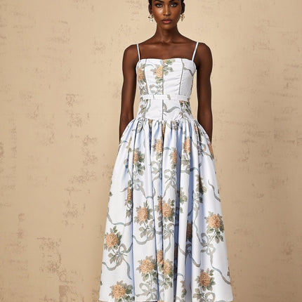 Charleigh Blue Floral Print Midi Dress with Square Neck and Cinched Waist