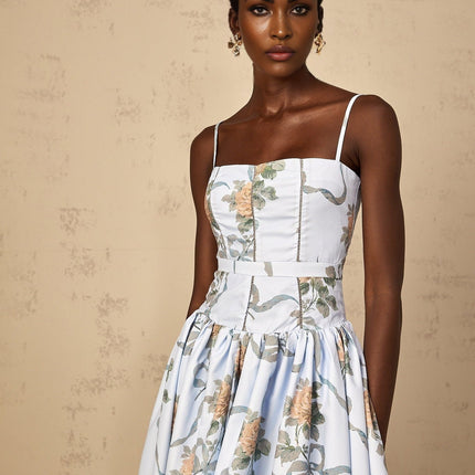Charleigh Blue Floral Print Midi Dress with Square Neck and Cinched Waist