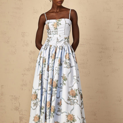 Charleigh Blue Floral Print Midi Dress with Square Neck and Adjustable Straps