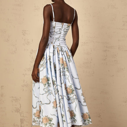 Charleigh Blue Floral Print Midi Dress with Square Neck and Cinched Waist