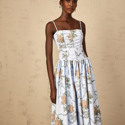 Charleigh Blue Floral Print Midi Dress with Square Neck and Cinched Waist