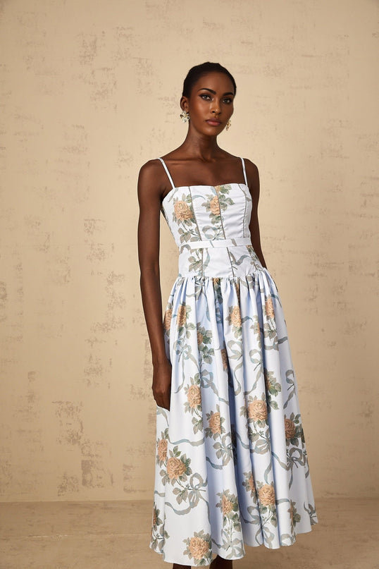Charleigh Blue Floral Print Midi Dress with Square Neck and Cinched Waist